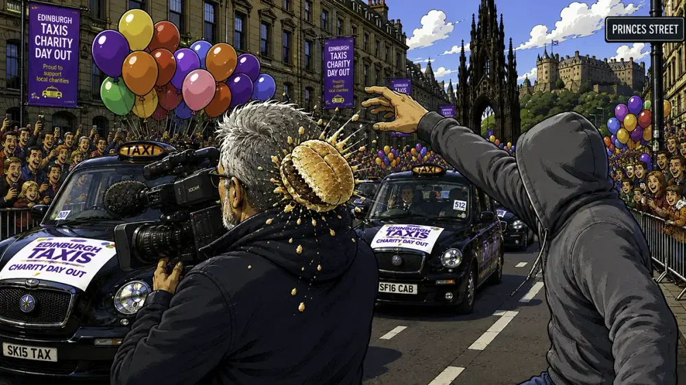 Scottish Morning Roll become projectile, Princes Street, Edinburgh.